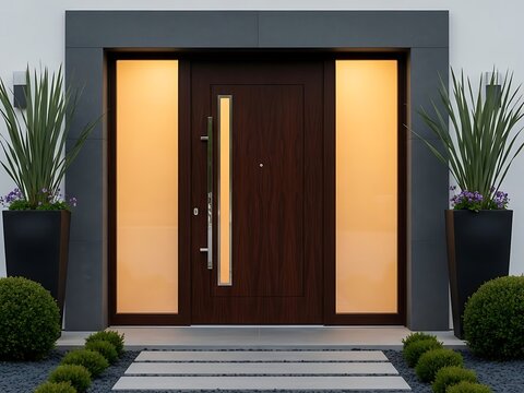 A Sophisticated Entrance with Modern Door and Landscaping Elements
