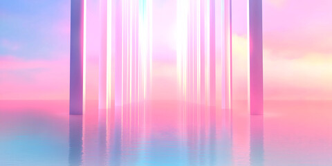 Futuristic Pastel Light Pillars Over Reflective Water Background
