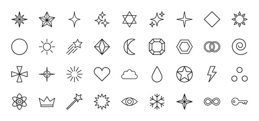 Fototapeta premium Magic and celestial line icon set. Vector pictograms of sparkles, stars, sun, moon, crystal, wand, crown, eye, heart and geometric shapes, thin outline illustration.