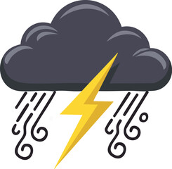 Simple vector illustration of a dark thundercloud with a large yellow lightning bolt and rain drops. Generative AI