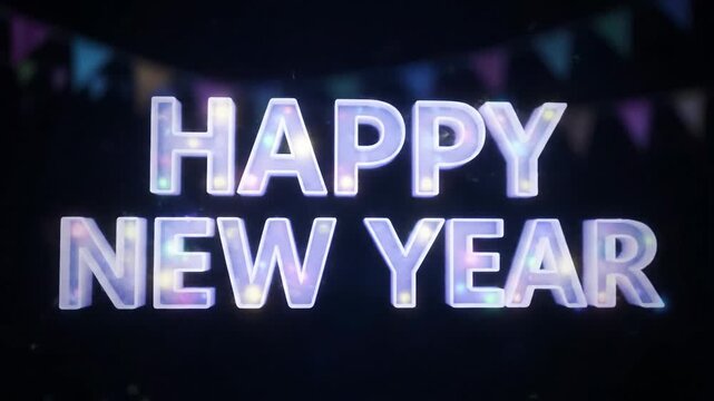 Glowing 'HAPPY NEW YEAR' text with iridescent effect against a dark background with colorful triangular flags.