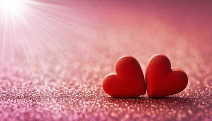 Fototapeta premium Romantic Red Hearts with Sparkling Glitter on Soft Pink Bokeh Background Representing Love, Valentine’s Day, Romance, and Emotional Connection