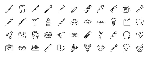 Dental line icon set. Vector pictograms of tooth, drill, mirror, brush, braces, implant, mask, floss, syringe, thin outline illustration.