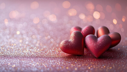 Fototapeta premium Romantic Red Hearts with Sparkling Glitter on Soft Pink Bokeh Background Representing Love, Valentine’s Day, Romance, and Emotional Connection