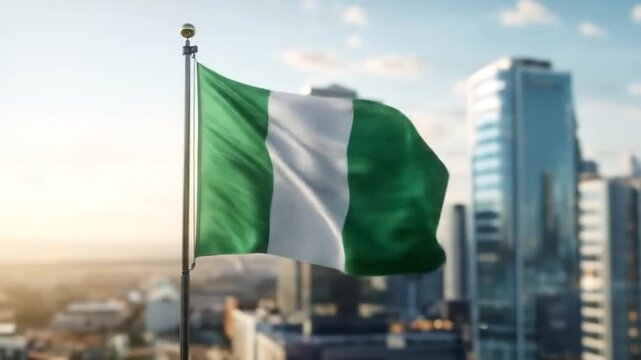 Dynamic Nigerian Flag Waving Proudly Against Modern Cityscape Background Scenic View of Nigeria