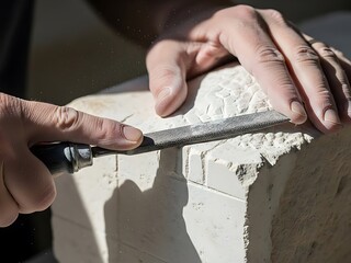 Craftsman shapes stone with precision using a rasp and skillful hands