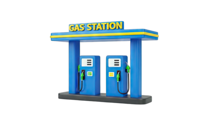 3D Cartoon gas station with two pumps and signage on transparent background