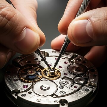 Detailed watchmaking with intricate gears being serviced meticulously