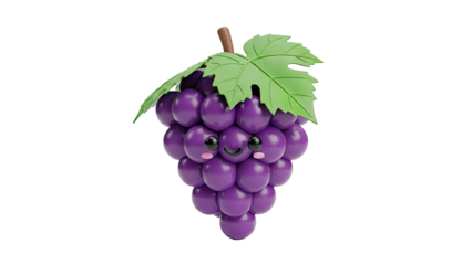 3D Cute cartoon grape with a happy face and green leaves on transparent background