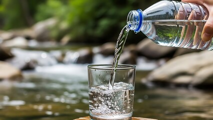 Fresh Drinking Water Poured into Glass Outdoors

