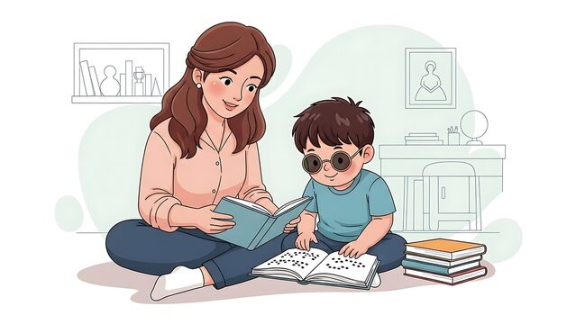 Mother Teaching Braille Reading to Child Illustration
 - Powered by Adobe