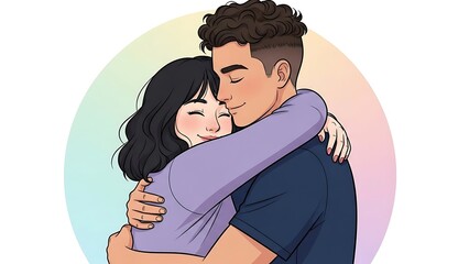 Young Couple Hugging in Warm Embrace Illustration
