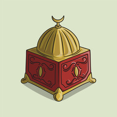 Illustration of a Red Bakhoor Incense Burner with a Golden Dome and a Crescent Moon on Top