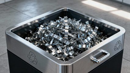 Pile of Shredded Metal Scraps in Steel Recycling Bin for Industrial Waste Management