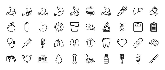Medical and anatomy line icon set. Vector pictograms of stomach, liver, lungs, kidneys, heart, brain, ambulance, syringe, microscope and dna, thin outline illustration.