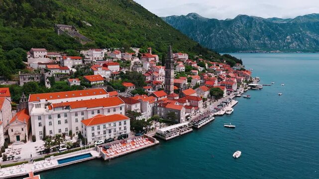 Perast Town aerial view in Kotor Bay in Montenegro
