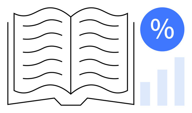 Knowledge concept. Open book with educational combined with statistical analysis elements, thumbs up a percentage icon and bar graph. Knowledge tools for research, data, education, business