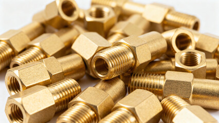 Golden Metal Fasteners Arranged in a Random Pattern on a Light Background