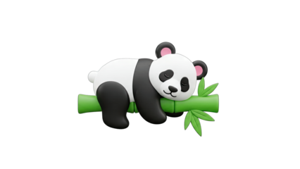 3D Cute Panda Sleeping on Bamboo on transparent background