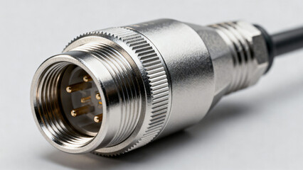Close-up of a Silver Connector with Pins on a Cable against a Minimalist Background