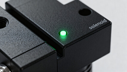 Close-Up of Black Solenoid Valve with Green Indicator Light and Precision Design