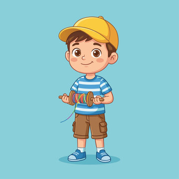 Cute cartoon boy holding a kite string.