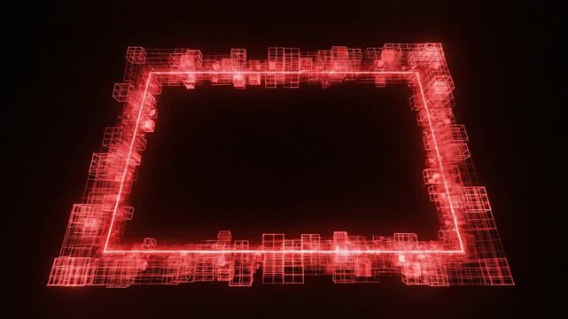 Complex 3D wireframe grid geometry assembling itself into a defined, vibrant red glowing rectangular boundary frame and then slowly disassembling 3D, points, geometry