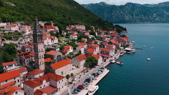 Perast Town aerial view in Kotor Bay in Montenegro