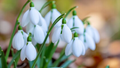 Obraz premium Close-Up of Snowdrops (Galanthus) in Shade. Seasonal Nature / Winter to Spring Transition. A cluster of delicate white snowdrop flowers (Galanthus) slightly nodding in the cool shade beneath a tree. 