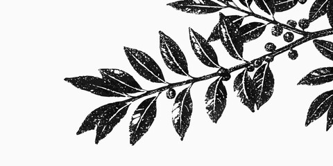 A delicate branch with dark leaves and small berries presented in monochrome © Savankar
