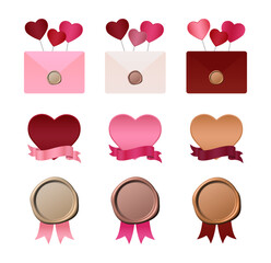 クリムゾンレッドとローズゴールドのバレンタインアイコンセット、封筒から飛び出すハートの風船とリボン付きシーリングスタンプ、高級感のあるラブレターとウェディング装飾用ベクターイラスト