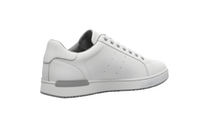 Side view of a premium white leather sneaker with gray accents, cut-out for e-commerce apparel catalogs