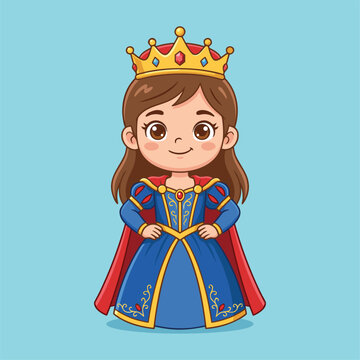 Cute cartoon princess wearing a crown and a blue dress with a red cape.