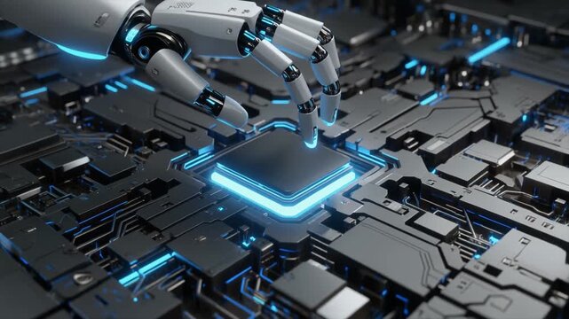 Robotic hand meticulously places a glowing processor onto a sophisticated circuit board, symbolizing the forefront of artificial intelligence and future technological advancement in computing