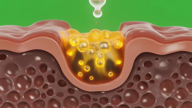 Extraction CGI Cross-Section of Oxidized Sebum Plug Dissolving with Serum Action on Green Screen Background for Beauty Ads and
