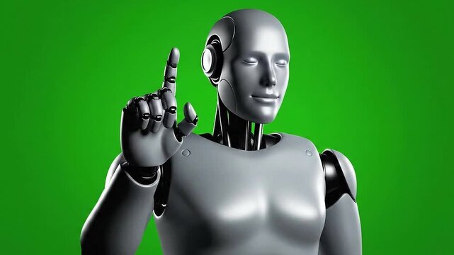 Female Robot Pointing Finger in a Green Screen Background, Silver Color Futuristic Robot Concept Idea for Future Technology
