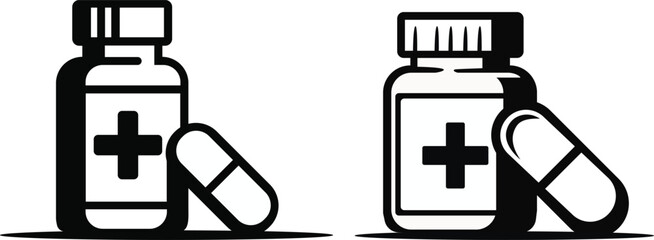 Pill bottle and capsule sign with medical cross symbol