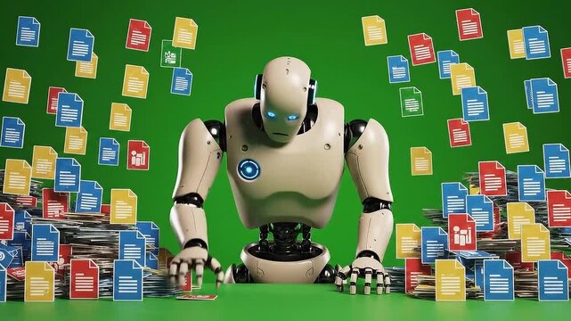 Frustrated Robot Surrounded by Documents on Green Screen Background Digital Paperwork Overload Business Solution Automation