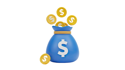 3D Blue money bag with falling gold coins and dollar signs on transparent background
