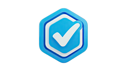 3D Blue hexagon badge with white checkmark on transparent background