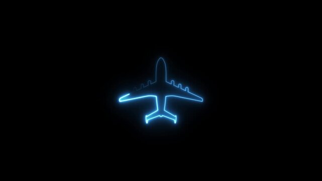 Neon rocket and air plane icon isolated on black background. plane icon, flay icon animation concept,Airplane flight neon sign.4k video.