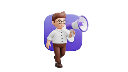 3D Cartoon Man with Megaphone Announcing News on transparent background