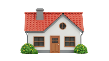 3D Cartoon house with red tile roof and yellow flowers on transparent background