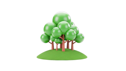 3D Cartoon trees on a green hill on transparent background