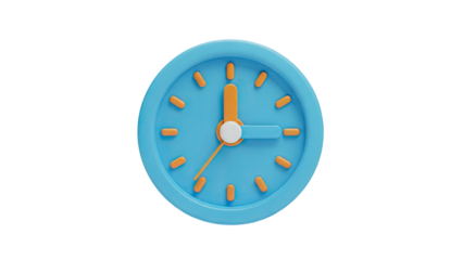 3D Cute blue clock with orange hands showing time on transparent background