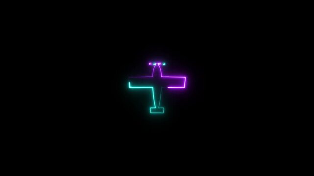Neon rocket and air plane icon isolated on black background. plane icon, flay icon animation concept,Airplane flight neon sign.4k video.
