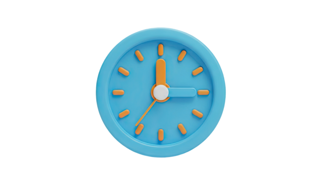 3D Cute blue clock with orange hands showing time on transparent background - Powered by Adobe