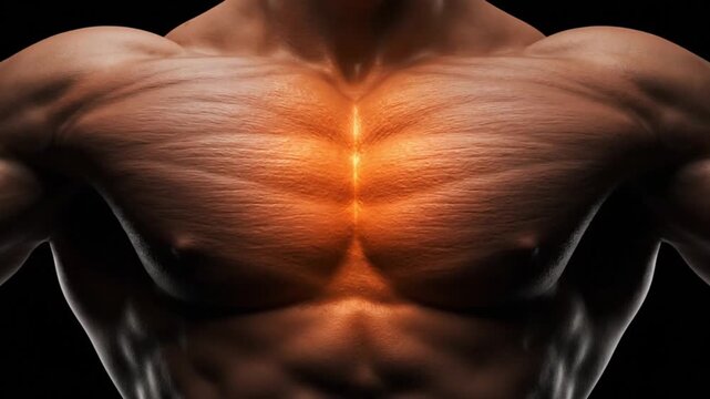Close-up of a muscular male chest with glowing orange light highlighting the strong pectoral muscles against a dark background.