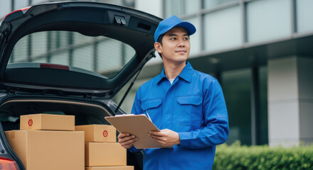 Delivery worker organizing cardboard boxes unloading vehicle in urban setting, lifestyle photo with focused viewpoint on logistics and transport efficiency
