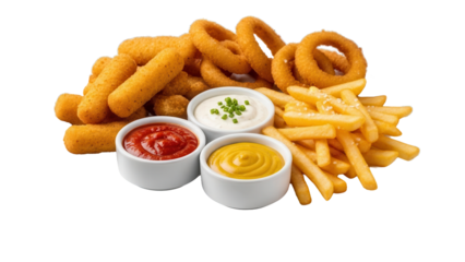 Mixed snack platter featuring mozzarella sticks onion rings and fries with dips isolated on white background